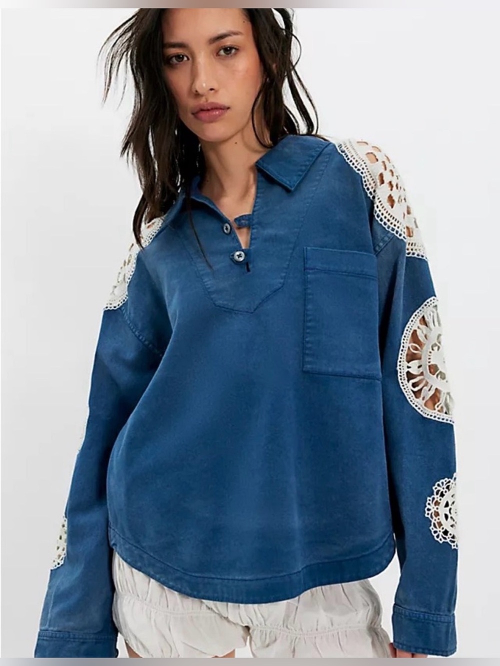 We The Free Washed and Crafted Crochet Polo NWT